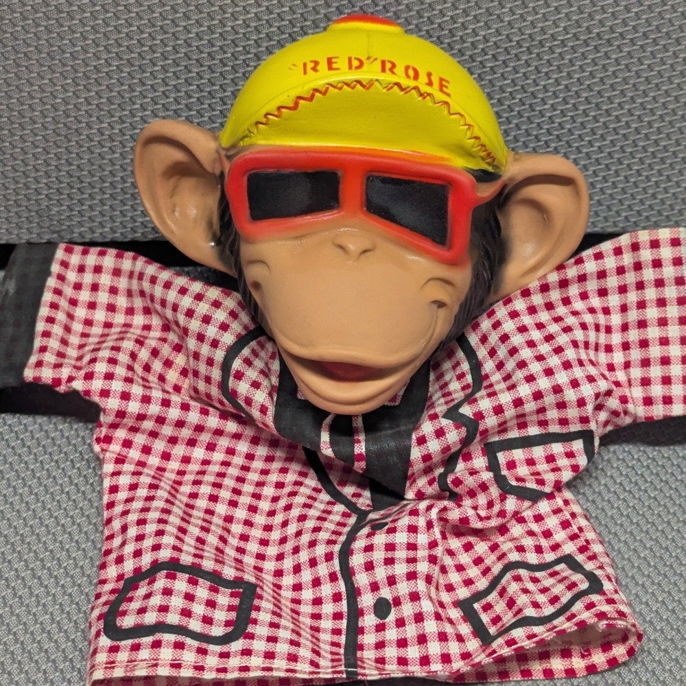VTG 1960s Red Rose Tea Monkey Hand Puppet Rubber Head Gingham Advertising Toy